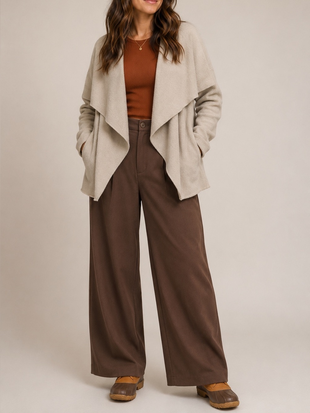 Open-Front Taupe Draped Waterfall Cardigan Sweater with Pockets
